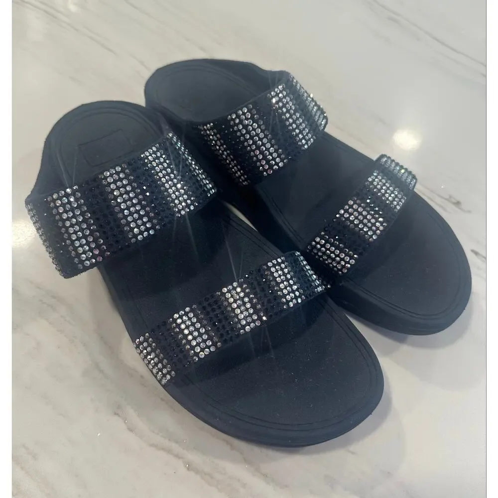 FitFlop Women’s Size 10 Navy Blue Rhinestone Crystal Two Strap Slide Sandals